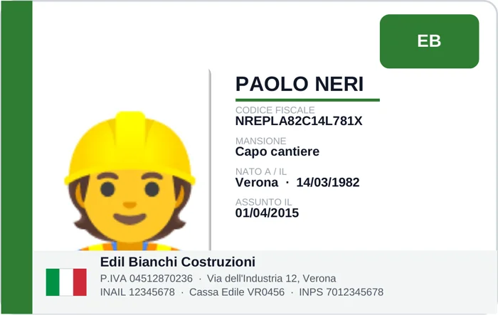 Tesserino di cantiere, fronte